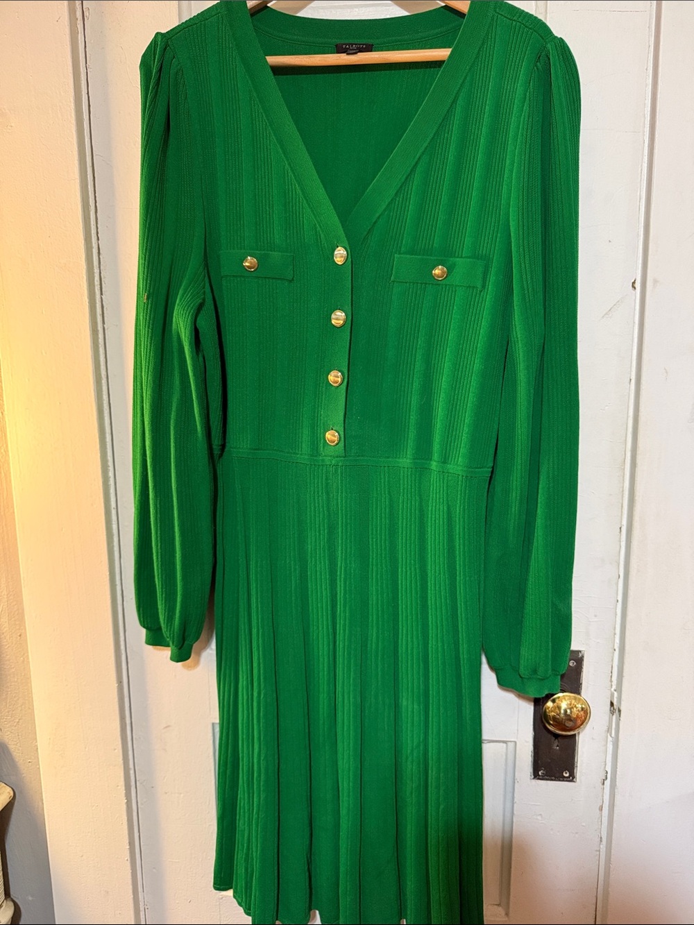 Talbots Emerald Green Long-Sleeve V-Neck Dress with Gold Buttons